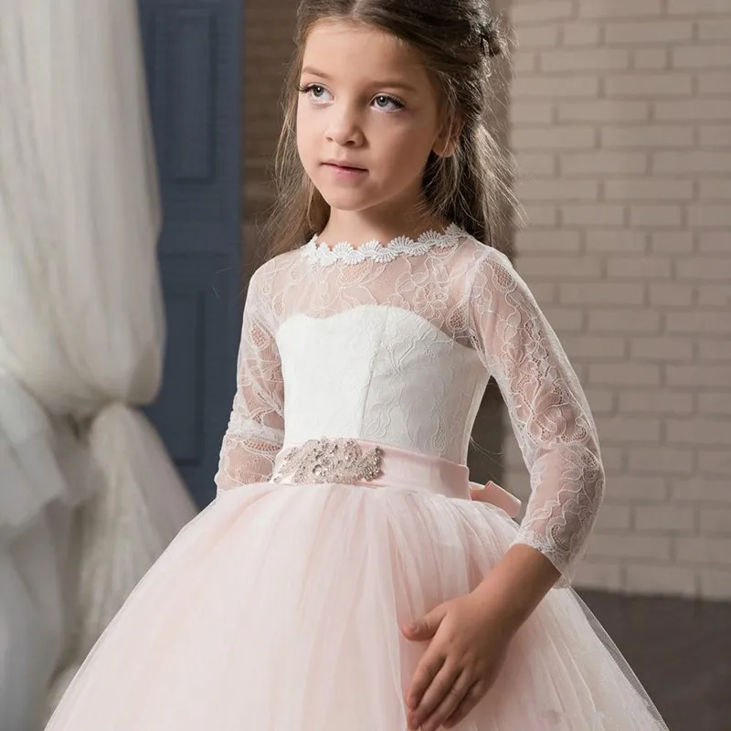 

Flower Girls Dresses Beautiful Holy Communion Dresses Lace Long Sleeve Beaded Puffy Ball Gown Prom Pageant Dress For Girls