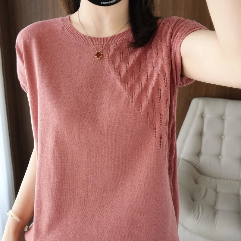 

Casual loose 100% cotton O-neck short-sleeved T-shirt solid color knitted ladies sweater summer ATTYYWS Authentic S-XXL number