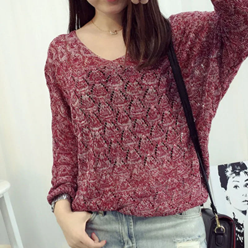 

New Autumn Women Pullovers Casual Tops V-Neck Loose Batwing Sleeve Hollow Out Thin Knitted Sweater Female Jersey Mujer