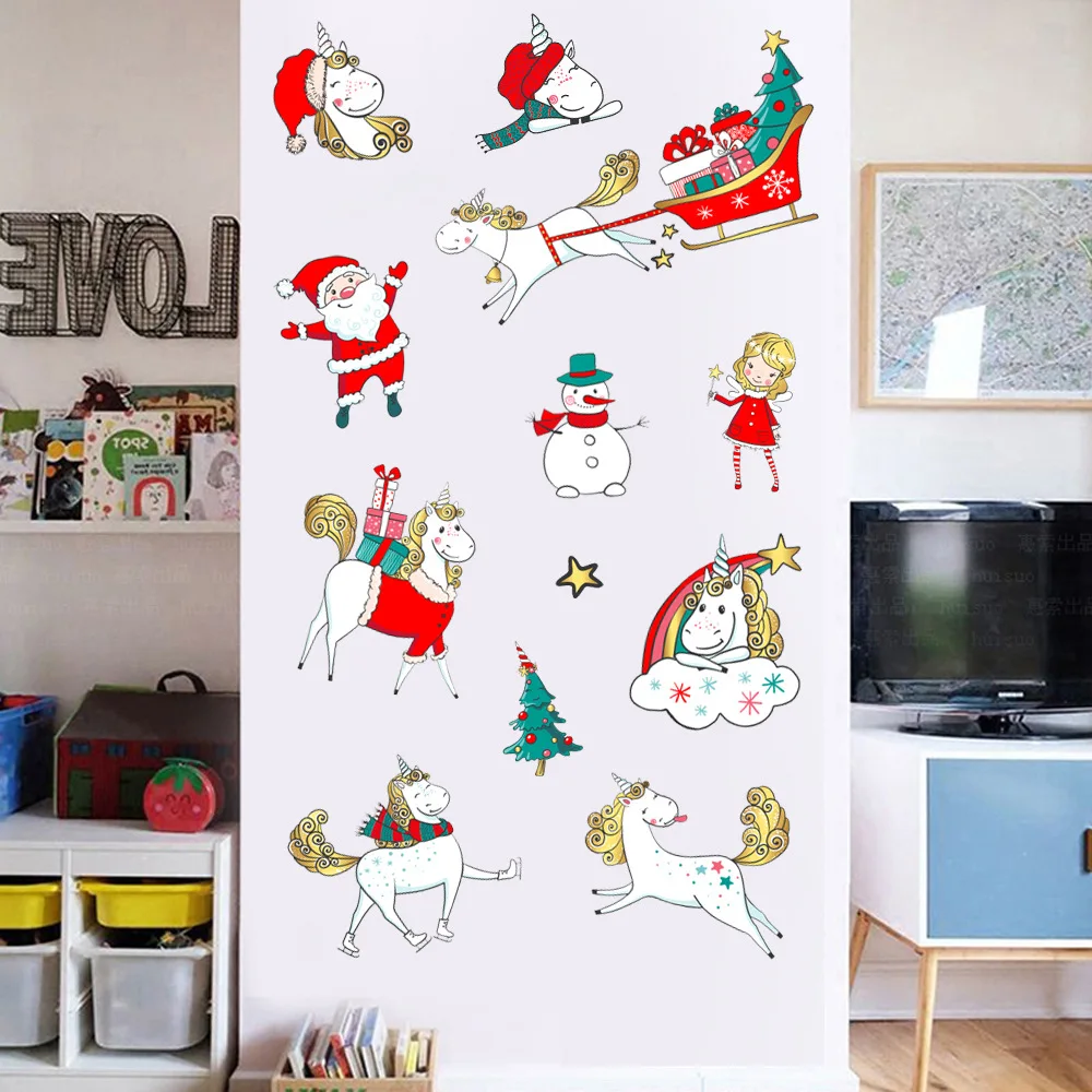 Рождественская настенная наклейка съемные обои Санта снеговик Санты лось