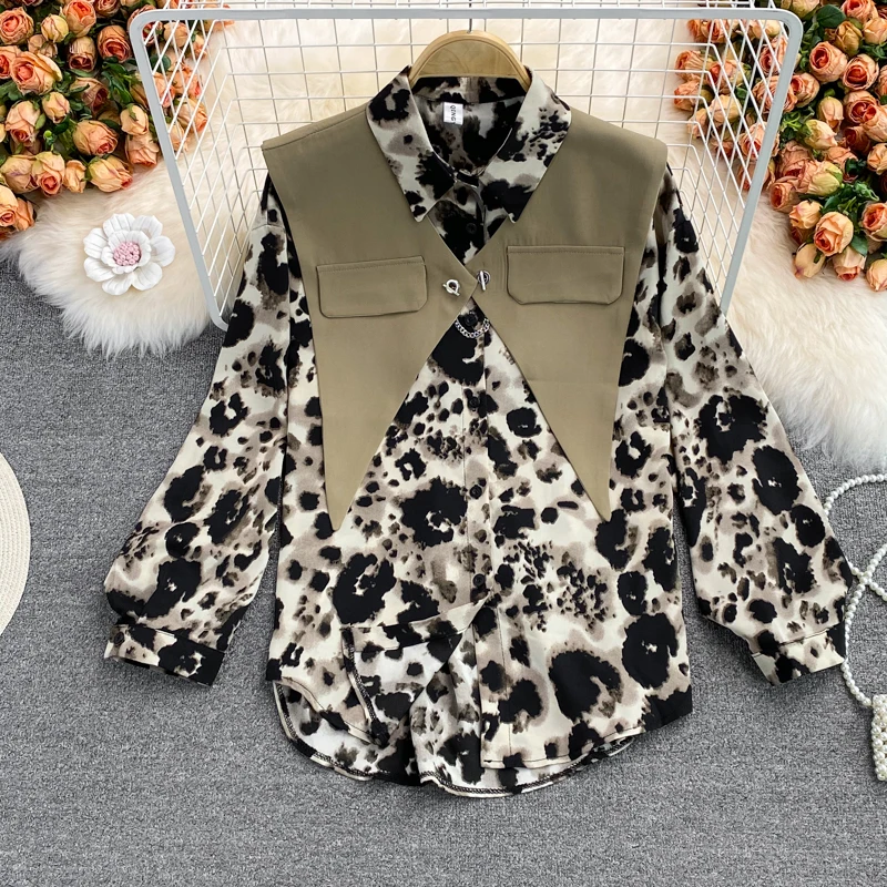 

Retro Hong Kong style loose long-sleeved leopard shirt women's new autumn 2021 fashion shirt shawl two-piece suit