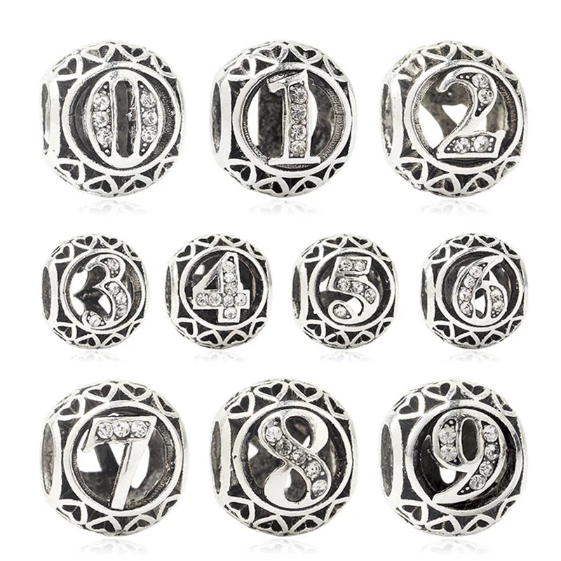 number 0-9 charms round bead pendant jewelry fit original pandora bracelet diy bangle &amp necklace accessories for women gift | Украшения