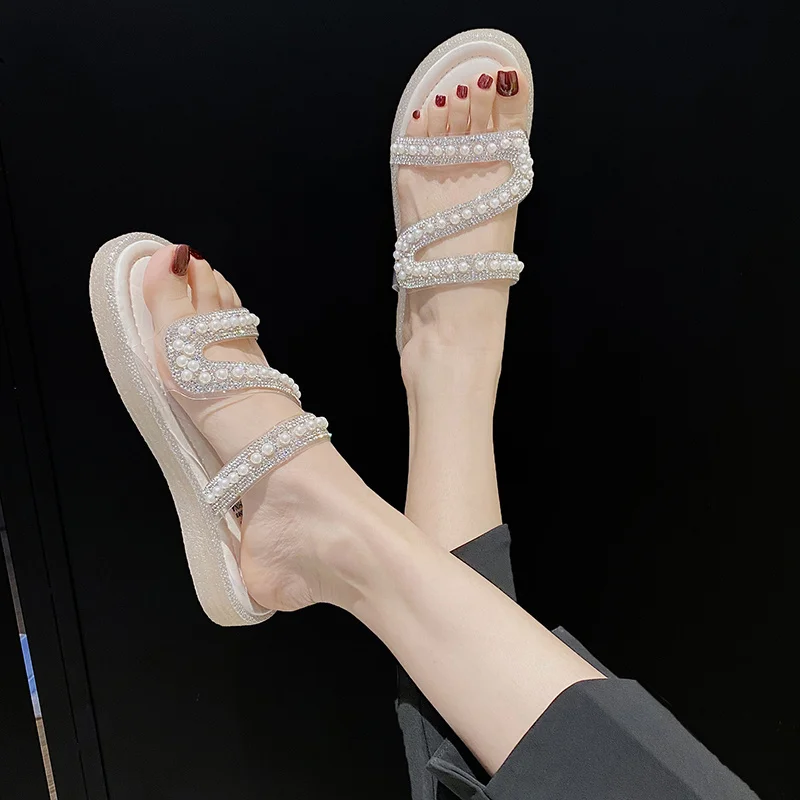 

Shoes Woman 2021 Glitter Slides Female Slippers Med Fashion Platform String Bead Jelly New Beach Luxury Flat Summer Crystal PU R