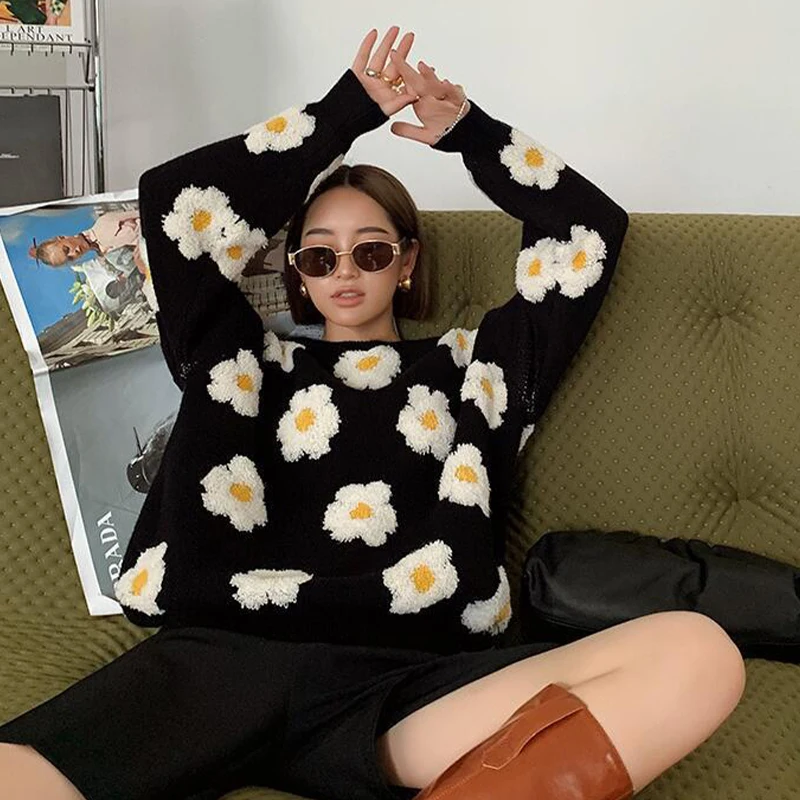 

Foridol Daisy Knitted Oversiz Black Sweater Harajuku Streetwear Fashion O Neck Pullovers Jumper Autumn Winter Thick Sweater