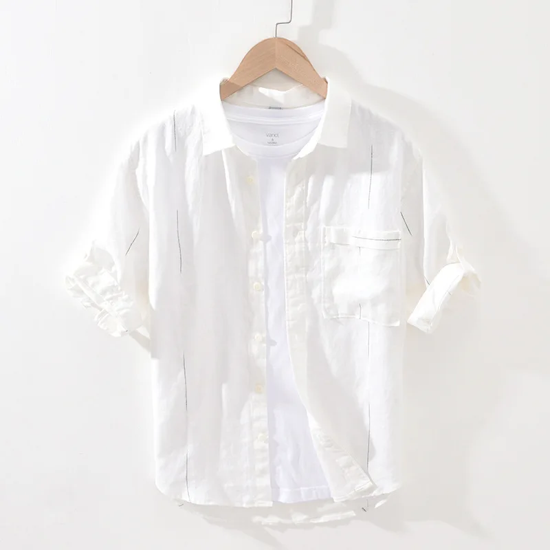 

Мужская льняная рубашка с коротким рукавом, Повседневная дышащая футболка большого размера с квадратным воротником и карманами в японском ...