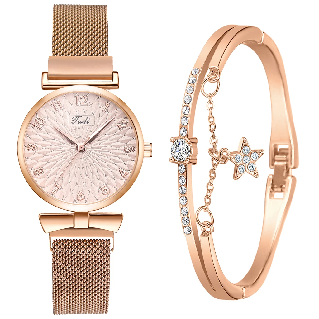 

2PCS Watch Set For Women Luxury Band Magnetic Dress Wriswatch Ladies Bracelet Simple Business Quartz Clock Relogio Feminino
