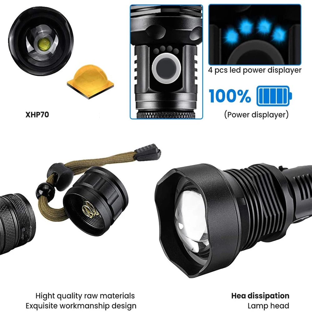 Lâmpada à Prova Lumens Lanterna Tática Xhp70.2 Ultra Poderosa Dwaterproof Água Recarregável Flash Luz 18650 ou 26650 Zoom Acampamento 90000 Led 6 Luzes e Iluminação