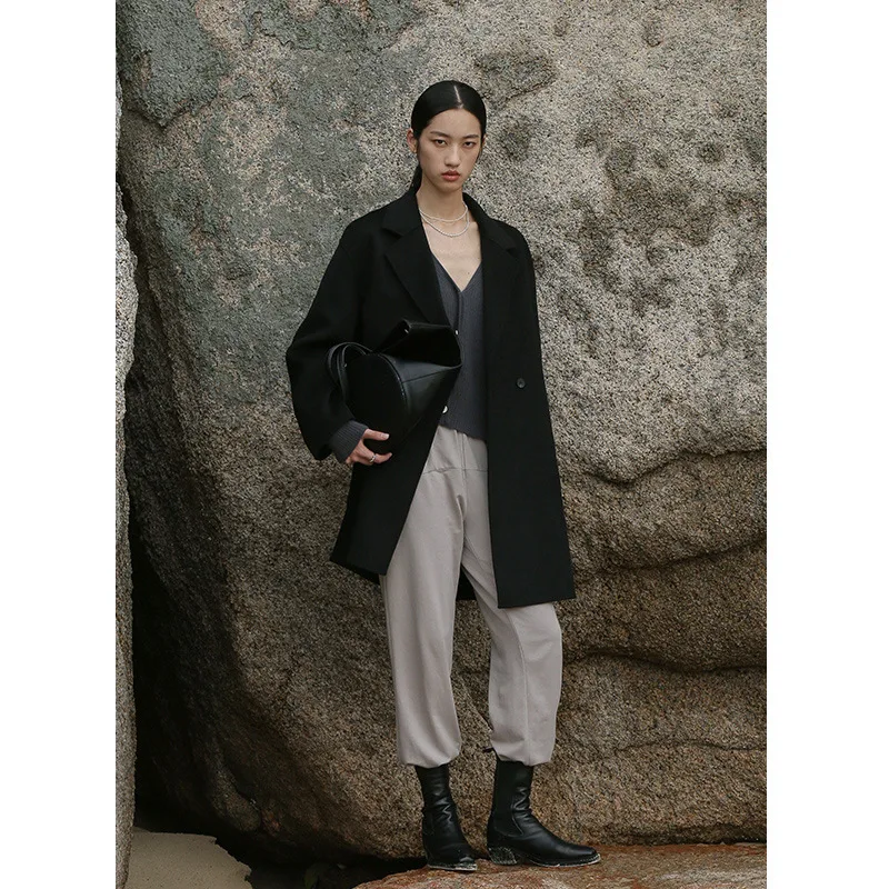 

and Winter 2021 Wool Autumn Simple Loose Women's Coat Double Breasted Wide-waisted Turn-down Collar Korean Women Clothing