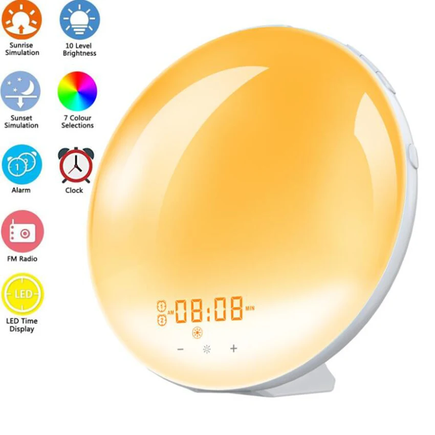 

Sunrise Alarm Clock - Digital LED Clock with 6 Color Switch and FM Radio for Bedroom, Multiple Nature Sounds with Snooze