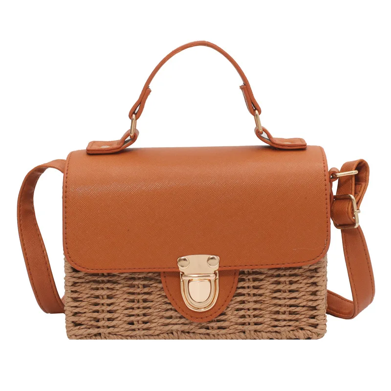 

Women New Summer Fashion Straw Shoulder Bag Korean Casual Beach Bag Brand Lock Design Picnic Bag Bamboo Woven Hand Bag Box