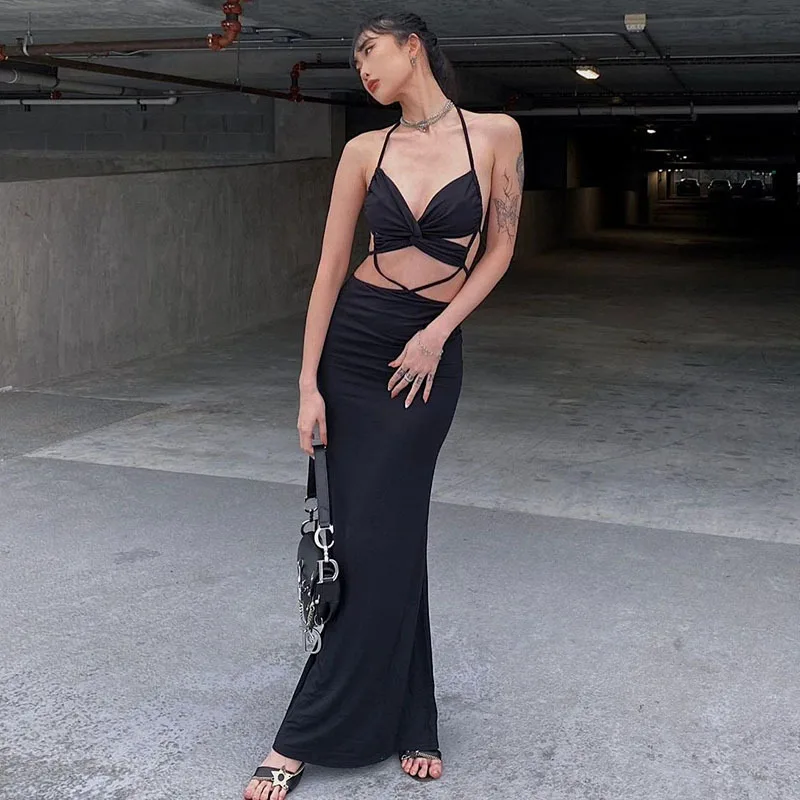 

Summer Beach Fishtail Dress Women Elegant Hollow Out Holiday Bodycon Party Maxi Dresses Long Cross Ruched Crop Sexy Outfit Femme