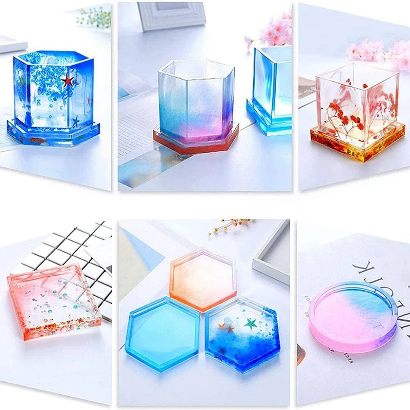

DIY Coaster Silicone Mold, Pack Of 8 Resin Molds for Casting Hexagon Square Round Mold for Beginners