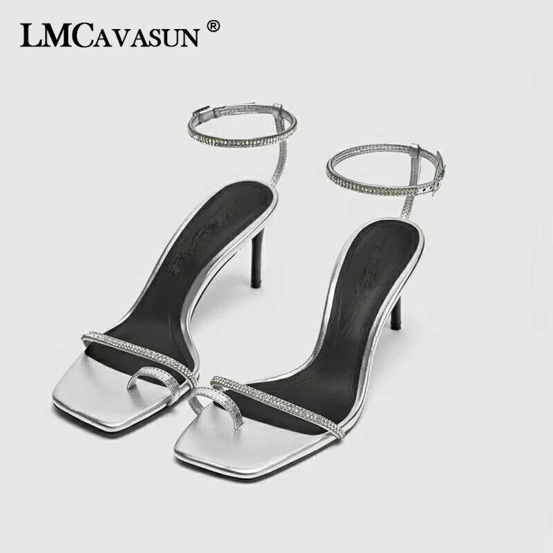 LMCAVASUN модные вечерние женские сандали гладиаторы высокого шпильки Стразы светильник золотистые