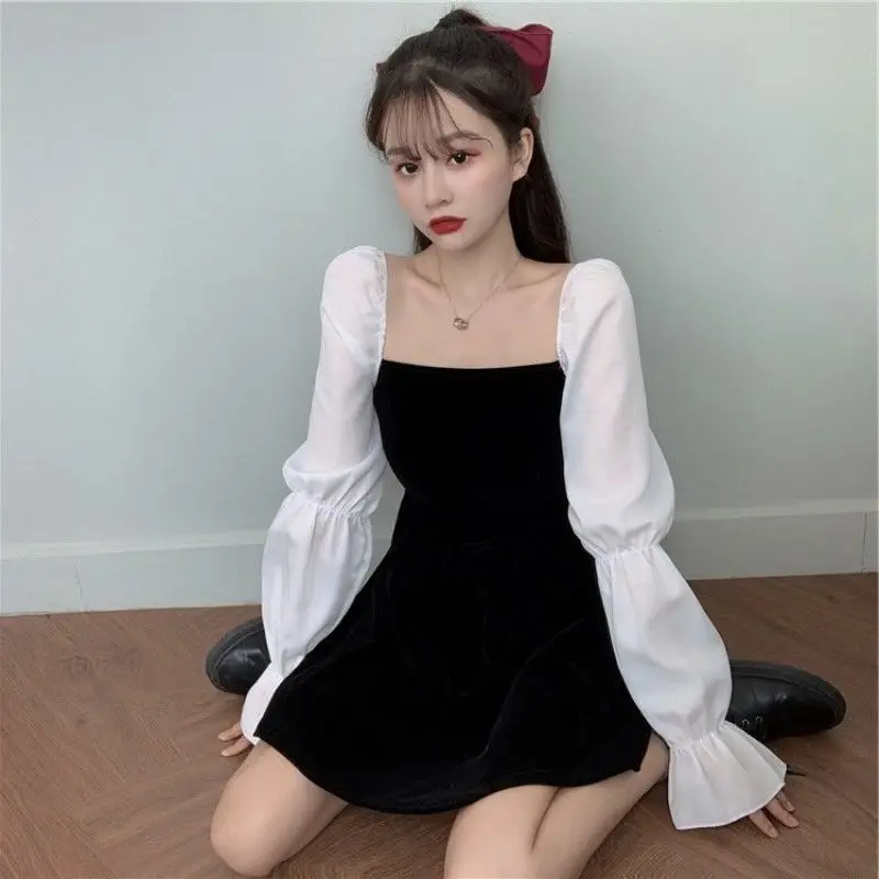 

Women Dresses Square Collar Puff Sleeve Long Sleeve Dress Autumn Women Vestido De Mujer Femme Robe