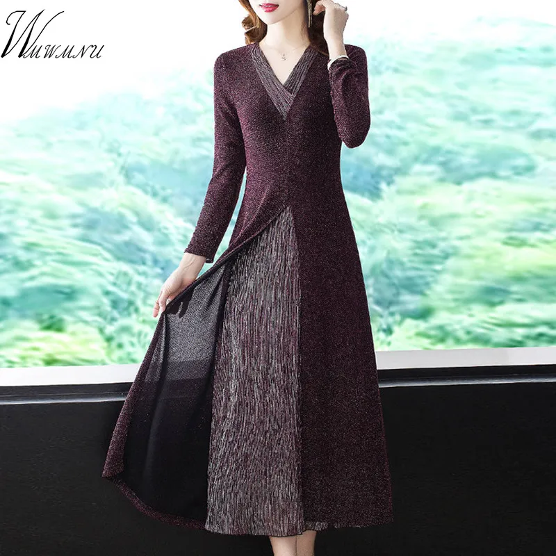 Для мамы размера плюс тонкий длинное платье женское весеннее v образным вырезом