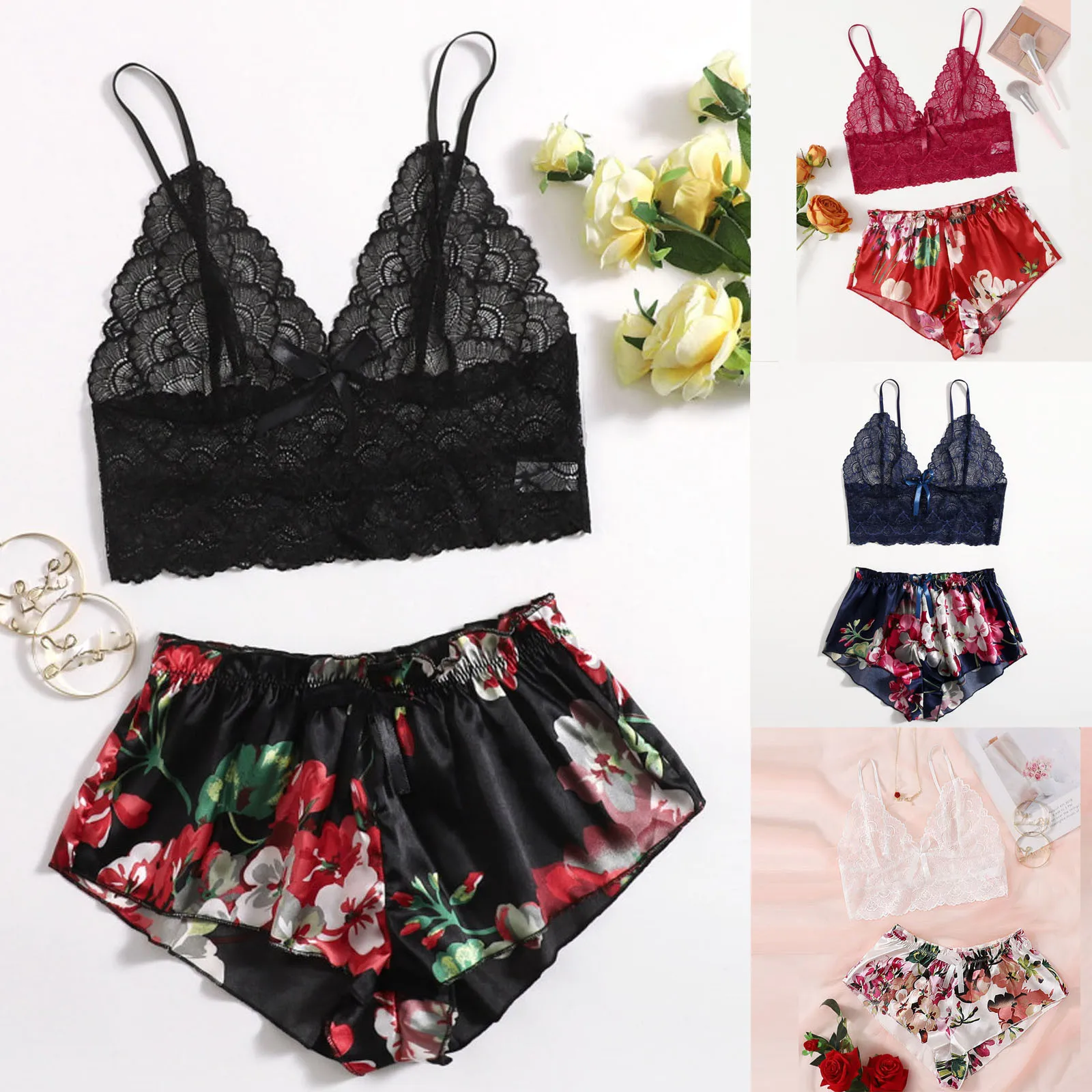 

Пижама женская одежда для сна без рукавов на бретельках ночное белье с кружевной отделкой Атласный топ на бретельках пижамные комплекты же...