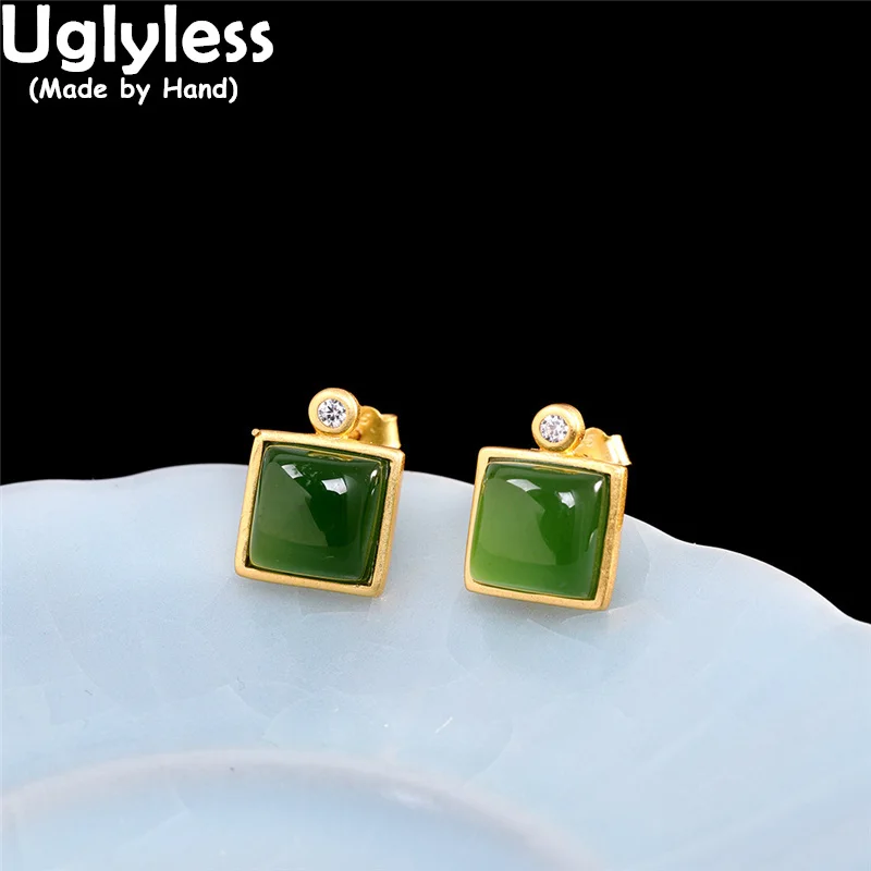 

Uglyless MINI Gemstones Jasper Studs Earrings for Women Natural Green Jade Square Earrings Gold Brincos Fashion Simple Jewelry