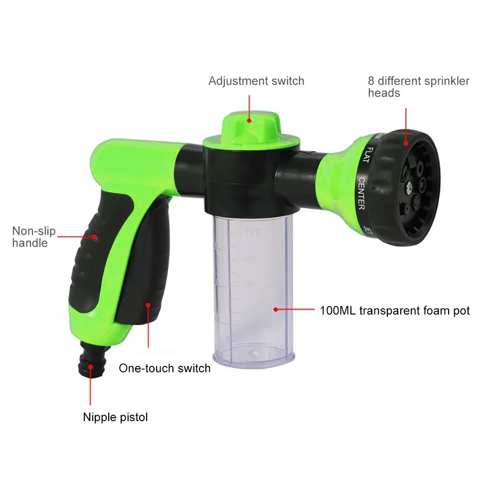 

Water Spray Gun High Pressure Car Wash Foam Sprayer with Container 8 Patterns Adjustable Flow Garden Hose Nozzle w/o Hose