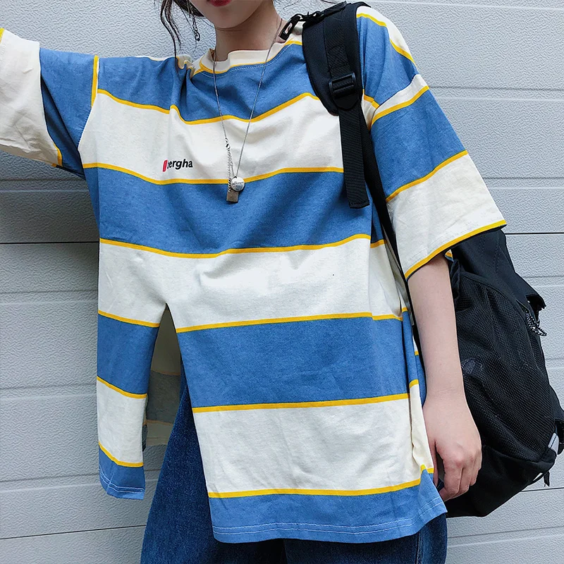 Женские футболки большого размера женские летние полосатые топы BF для студентов