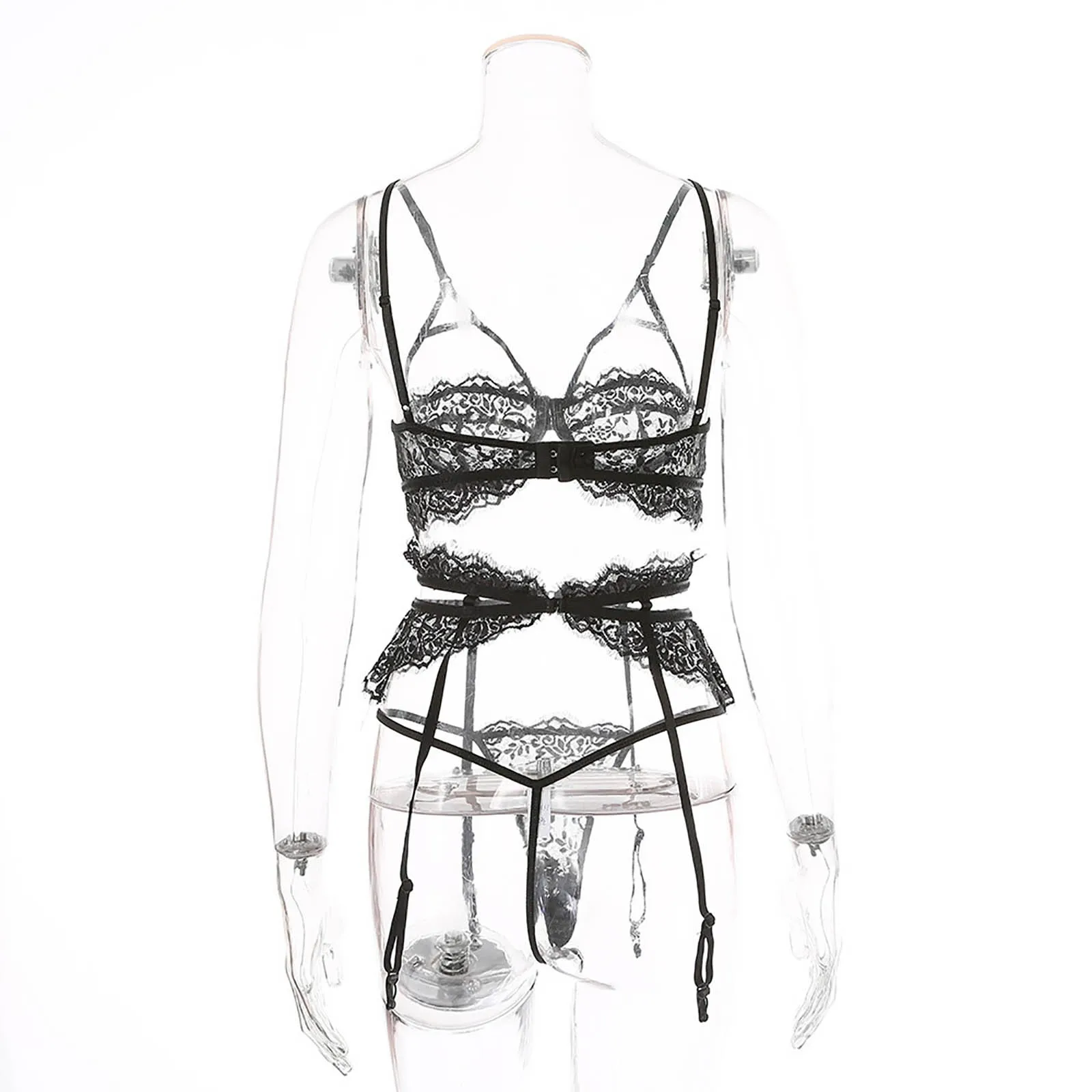 

3PC Erotic Ladies Lingerie Temptation Hot Porno Wireless Bandage Garter Lace Bra Transparent Sexy Lenceria Mujer Babydolls Set