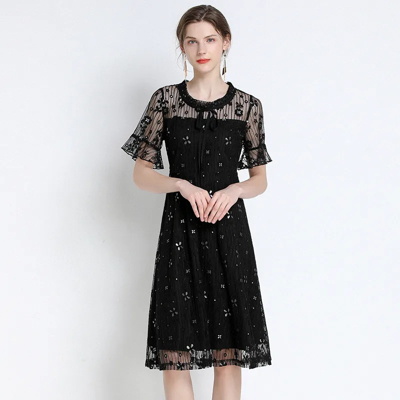 

Женское платье Vestidos, черное летнее кружевное платье трапециевидной формы с круглым вырезом, элегантное темпераментное женское платье, ropa ...