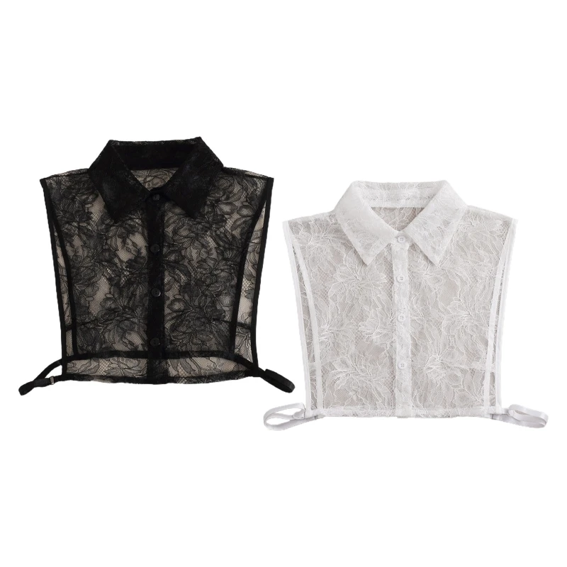 

Women Winter Decorative False Fake Collar Sheer Hollow Out Floral Lace Detachable Half Shirt Blouse Lapel Button Dickey