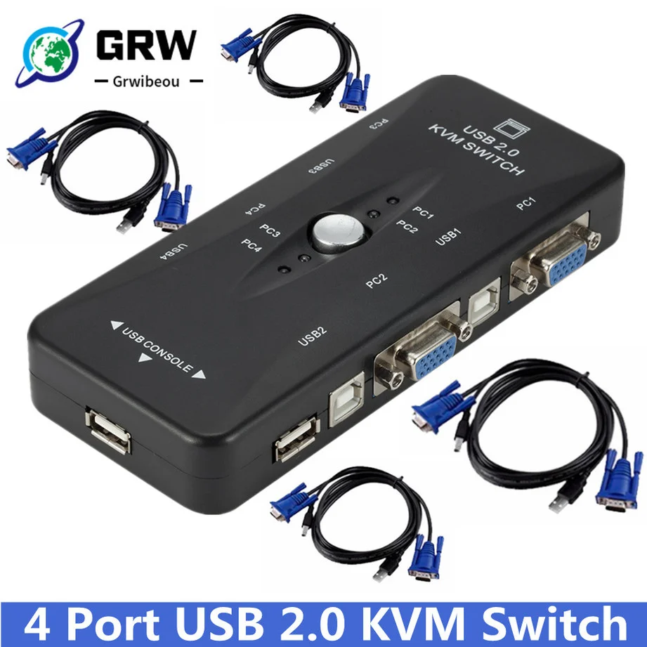 

GRWIBEOU 4 port kvm switch USB 2.0 VGA Splitter Printer Mouse Keyboard Pendrive Share Switcher 1920*1440 VGA Switch Box Adapter