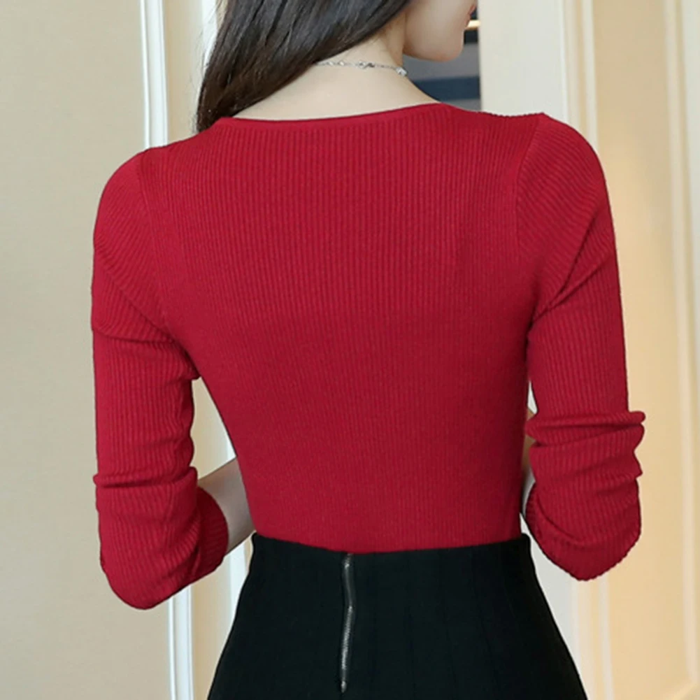 

2020 Autumn Winter Fashion Solid Color V-neck Sweater Women Elastic Slim Bottoming Knitted Top Women's Clothing