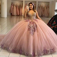 pink quinceanera dresses ball gown for sweet 16 girl beading sequined appliques lace formal party prom dress vestidos de 15 a%c3%b1os