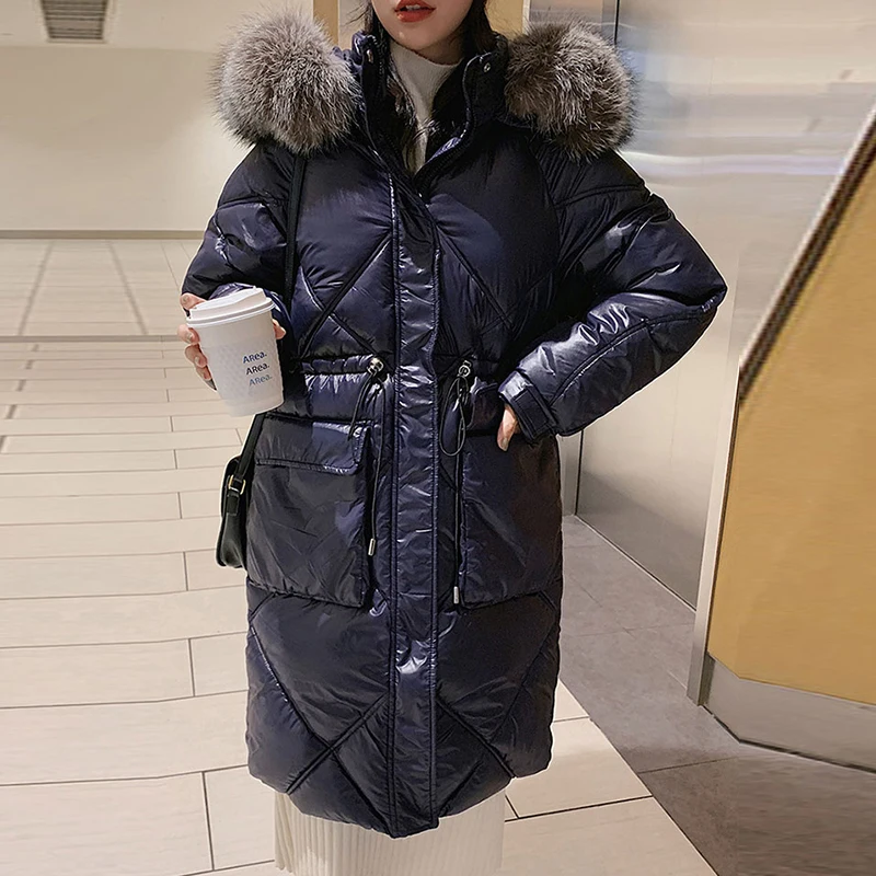 

Куртка из лакированной кожи с хлопковой подкладкой, пальто средней длины с капюшоном и меховым воротником в Корейском стиле