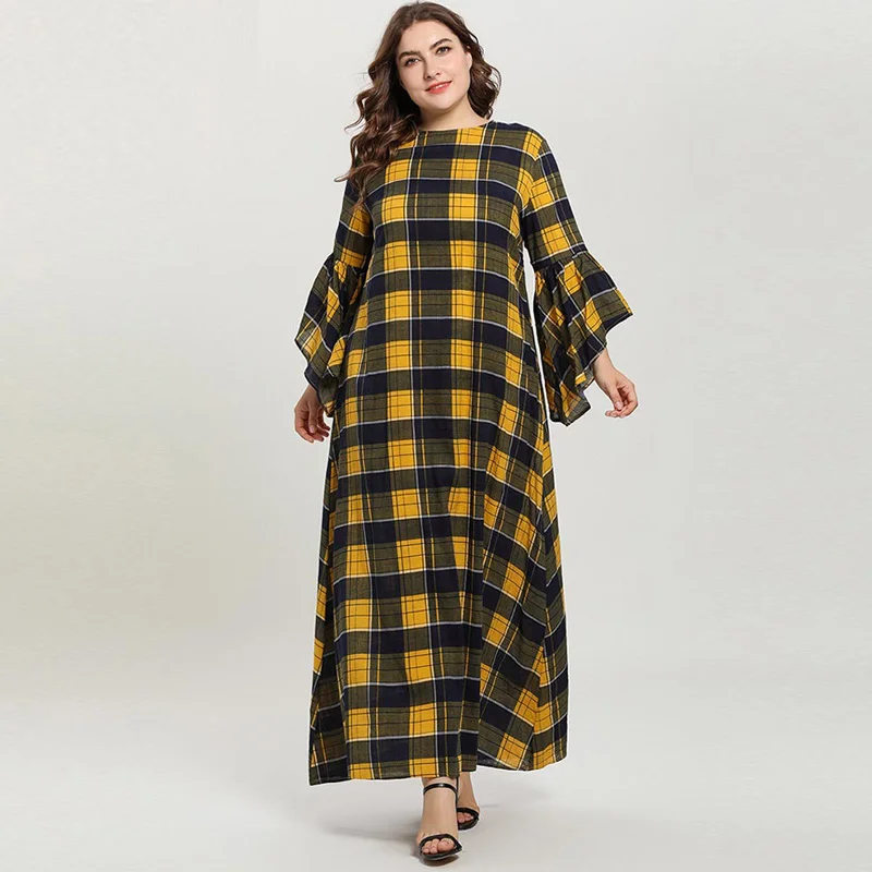 2020 женское желтое платье в клетку мусульманском стиле свободные длинные платья с