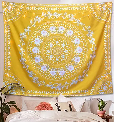 

White Bohemian Wall Hanging Mandala Floral Medallion Hippie Tapestry with Light Brown Cream Decor Blanket for Bedroom Home Dorm