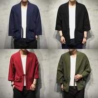 spring mens linen kimono fashion loose long cardigan outerwear vintage coat male jackets with belt casual overcoat