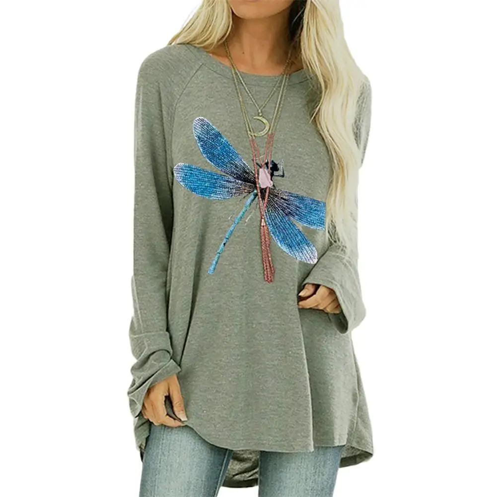 Женская футболка с длинным рукавом круглым вырезом и принтом стрекозы|Футболки| |