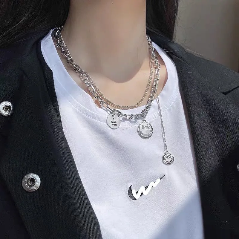 

New Korea Fashion Jewelry Chain Smiley Necklace Statement Necklace Double Clavicle Chain Sweater Necklace Gothic Necklace Women