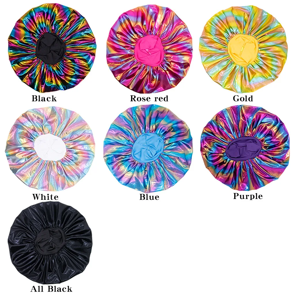 

HanXi Big Stretch Wide-Brimmed Night Cap Laser Satin Shower Hat Women Hair Care Chemotherapy Beanie