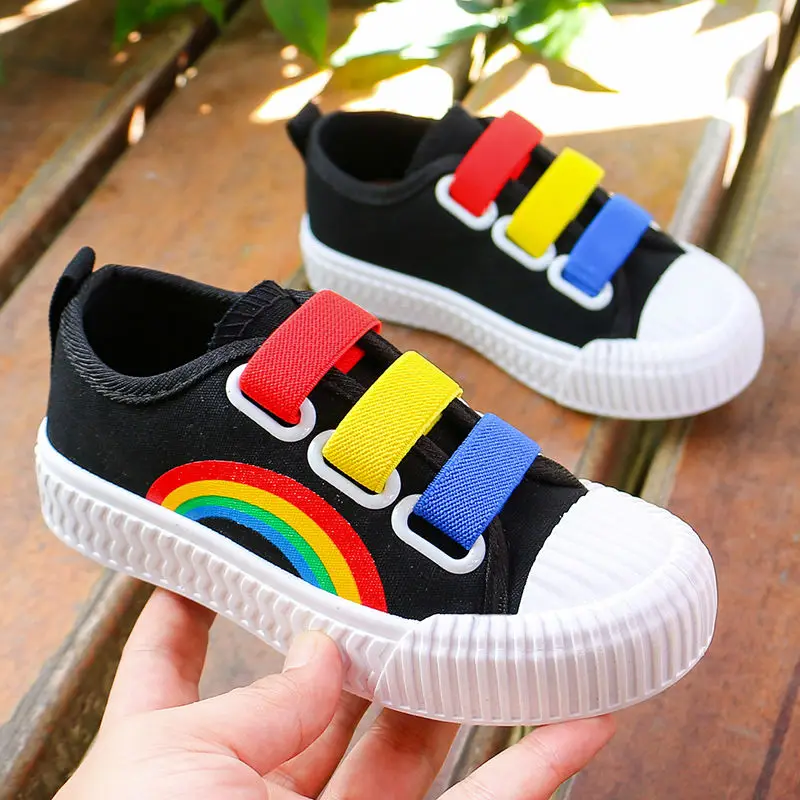 Rainbow Shoes Kids Slip On Sneakers Soft Girls Casual Shoes Boys Colorful Canvas Loafer Shoes For Children Black Kids Sneakers