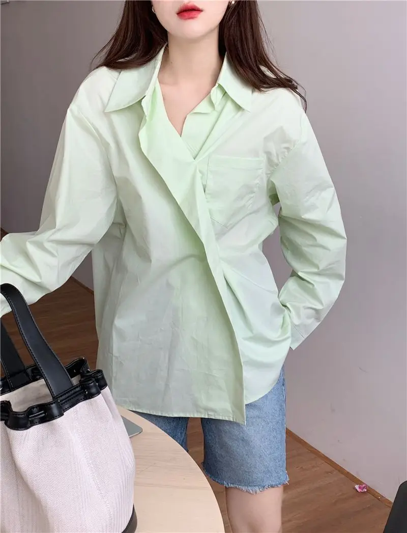 

COIGARSAM Full Sleeve Shirt Womens tops Loose Women shirts Green White 6597