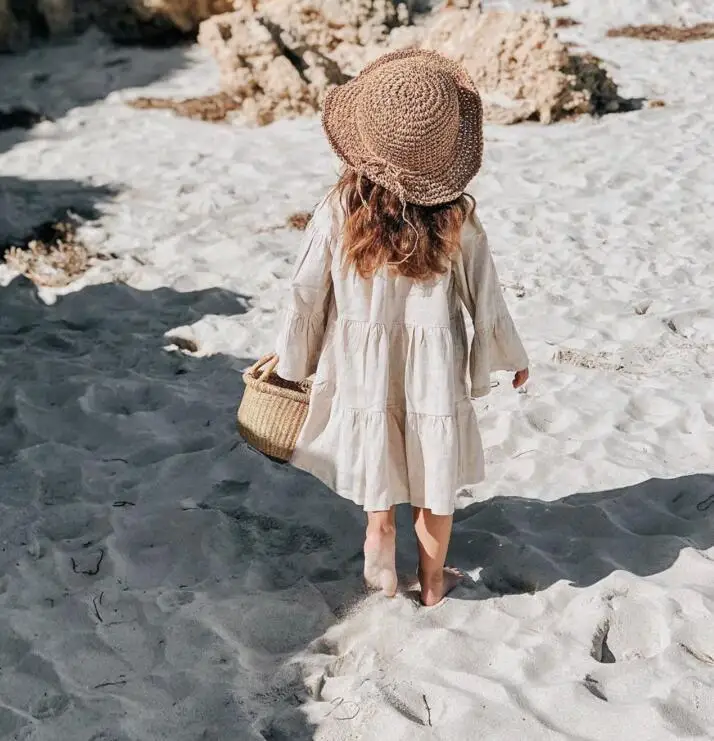 

Spring and Summer Girls Natural Linen Long-sleeved Flare Sleeve Princess Dresses Toddler Kids Solid Color Casual Ruched Dress