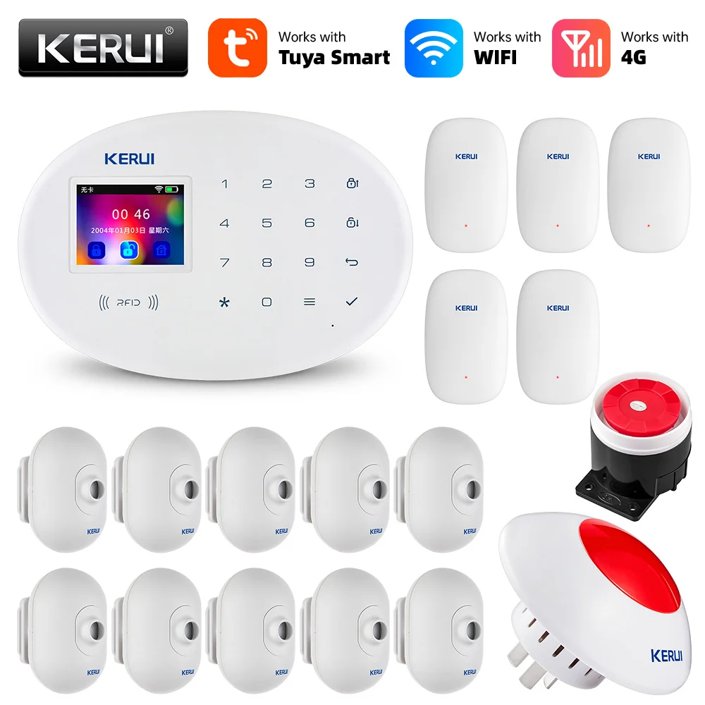 

KERUI Tuya Smart Alarm System Kit WIFI GSM 4G Home Security APP Remote Control Full Color Touch Panel Burglar PIR Motion Sensor
