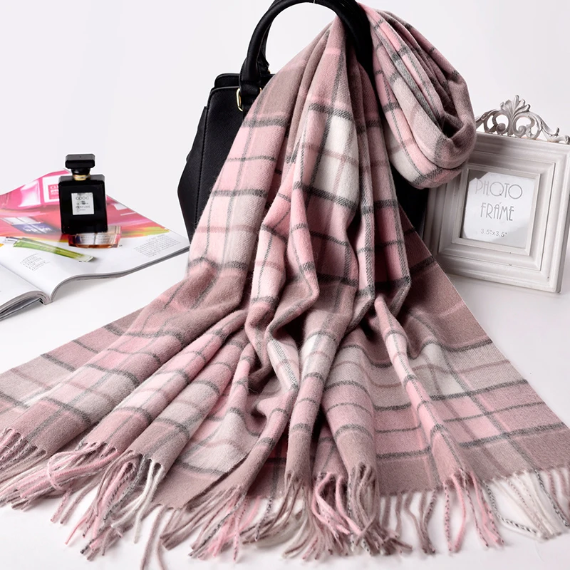 Шарф женский шерстяной в клетку зимний теплый толстый большой шарф шали и