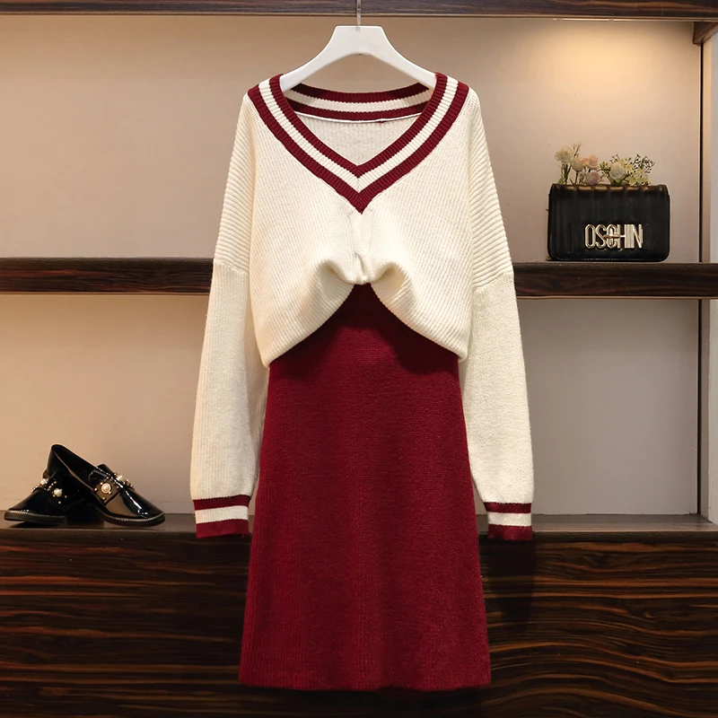 

Женский свитер с v-образным вырезом + юбка, красный сетчатый свитер большого размера на осень и зиму, 2019