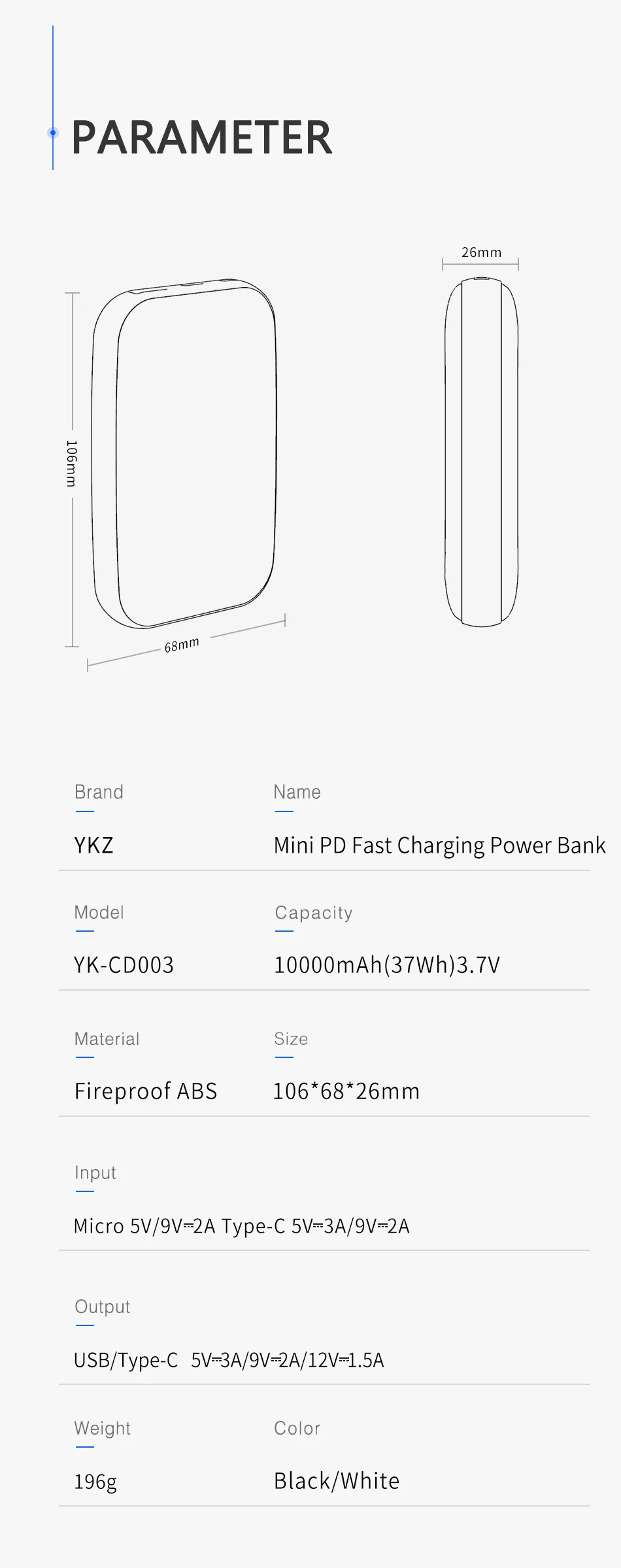 Мини Внешний аккумулятор 10000 мАч YKZ QC 3,0 type C PD Быстрая зарядка повербанк портативное зарядное устройство Внешний аккумулятор для iPhone Xiaomi huawei