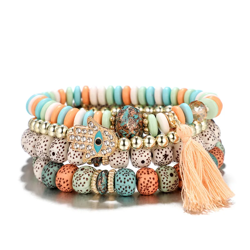 KMVEXO 4PCS/Set Bohemian Turkish Palm Eyes Bracelets For Men Woman Fashion Wristband Resin Stone Tassel Bracelet Vintage Jewelry | Украшения