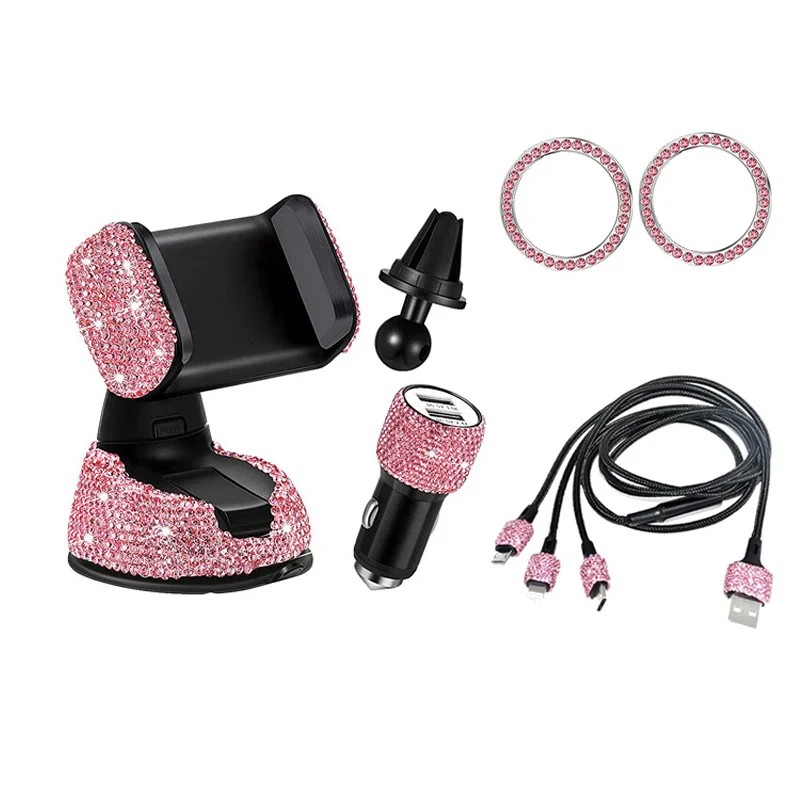5 pack bling rhinestones cell phone set car phone mount holder charger charging cable for iphone ipad android car accessories free global shipping