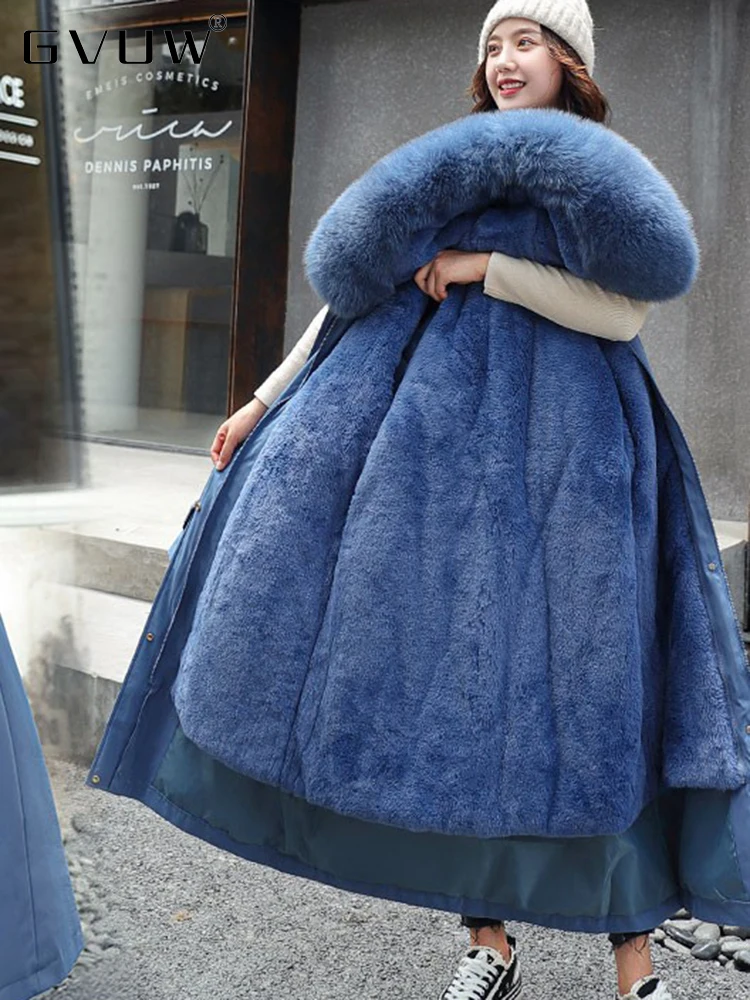 

Новинка, зимнее длинное пальто GVUW, женская теплая Толстая парка с капюшоном, Женская куртка с большим меховым воротником и вышивкой, пальто ...