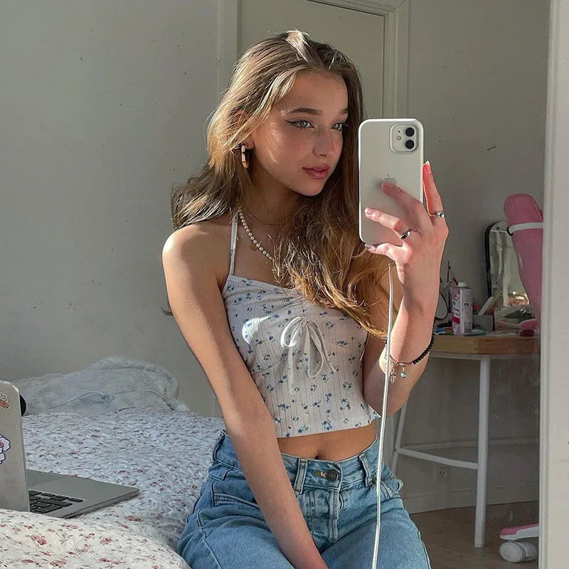 

Summer Ladies Backless Midriff-baring Camisole, Girls Floral Printing Hanging Neck Lace Up Front Drawstring Sleeveless Tops