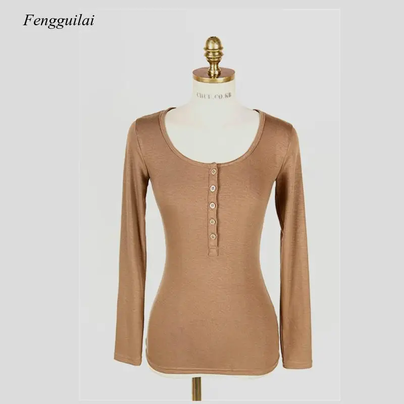 

Korea 2021 Autumn and Winter Fashion Low Neck Sexy Bottom Shirt Half Open Long Sleeve Women's T-Shirt