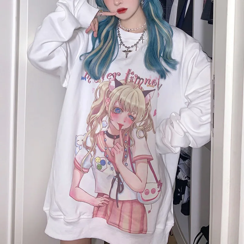 

Свитшот женский с аниме-принтом, мягкий двухмерный плюшевый модный винтажный Топ с длинным рукавом для девушек, пуловер, осень 2021