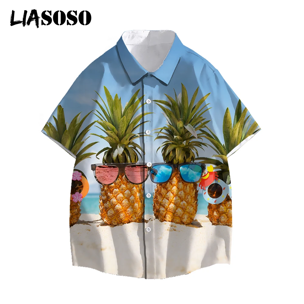 

LIASOSO 2021 Men Women 3D Print Fruit Short Sleeve Casual Shirts Button Streetwear Beach Pineapple Hawaiian Shirts Retro Tops